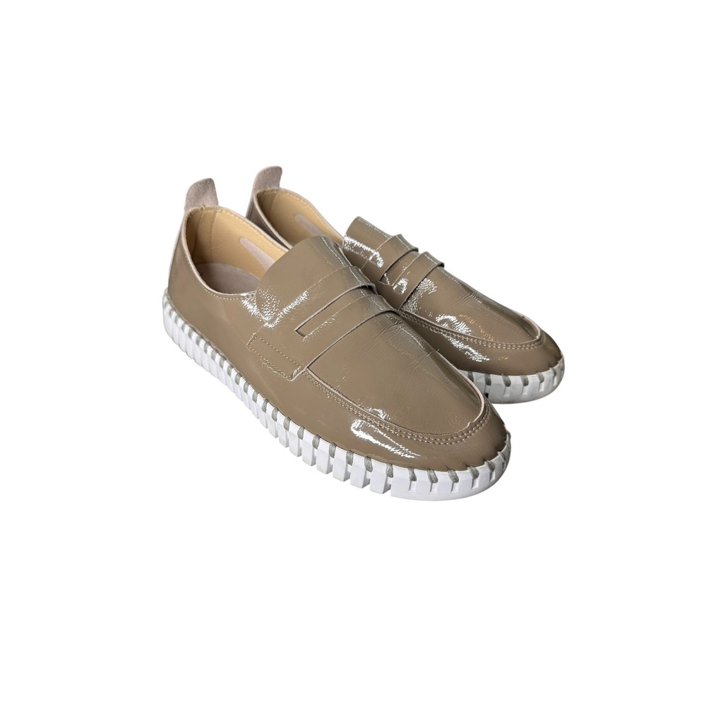 Ilse Jacobsen Tulip Patent Loafers Taupe Latte Penny Slip On Shoes Size 40 9.5